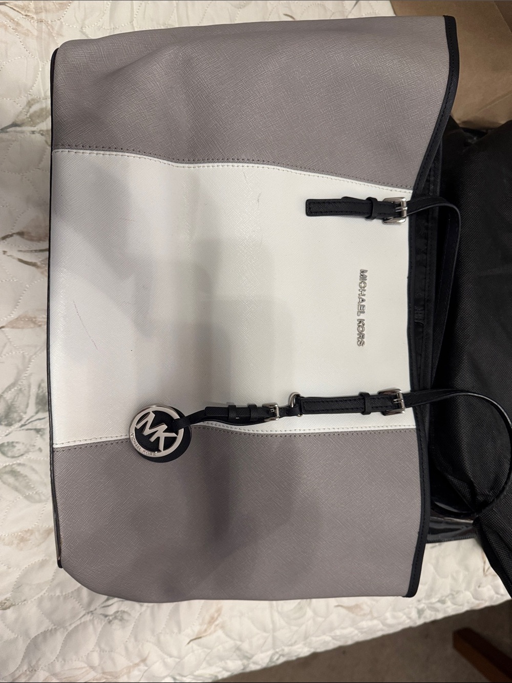 Michael Kors Gray and White Colorblock Bag with MK Charm